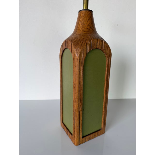 Vintage Carved Oak Wood Table Lamp With Green Inset Panels For Sale - Image 11 of 12