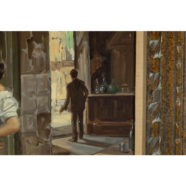 This lively oil on canvas painting captures a sunlit Italian street scene, with a striking female figure at its heart....
