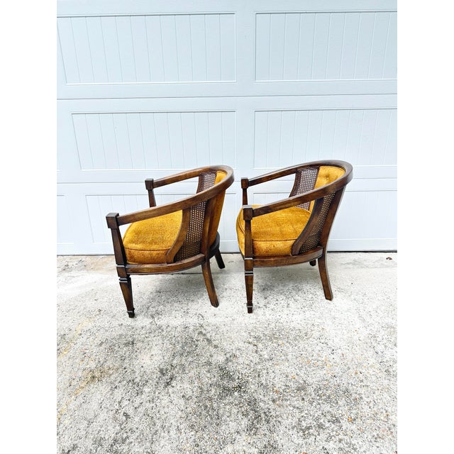 Vintage Velvet, Wood and Cane Barrel Chairs-a Pair For Sale In New Orleans - Image 6 of 11