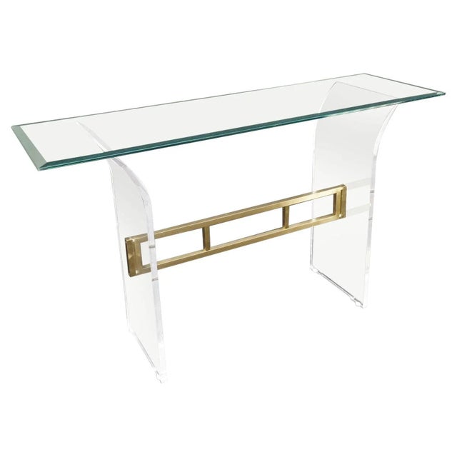 Lucite & Brass Base Glass Top Console Sofa Table Mid-Century Modern For Sale - Image 13 of 13