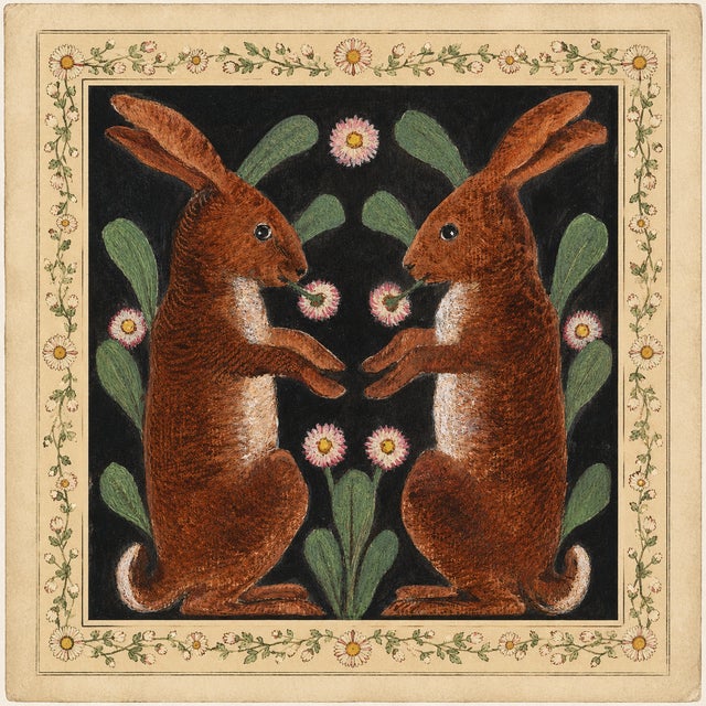 Black Atelier Aria Lumae Arts and Crafts Symmetrical Hares Folklore Fine Art Gallery Board Print With Integrated Floral Border Design 18 X 18 For Sale - Image 8 of 17