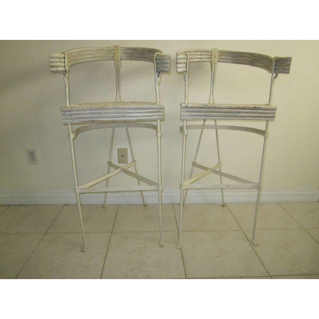 1990s Tan Coastal Style Metal Faux Bamboo Barstools - Set of Two For Sale - Image 12 of 12