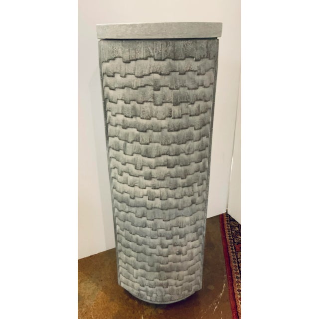 Original Retail $2697, stylish Studio A Home Modern Gray Shingles Pedestal, gray stone top, showroom floor sample