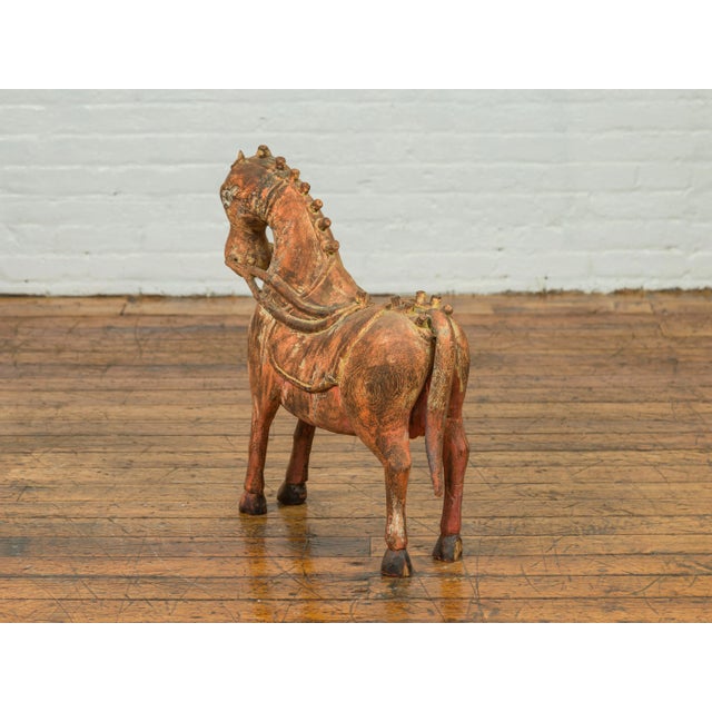 Mid 20th Century Small Vintage Indian Exterior Rust Colored and Carved Wooden Horse from Madras For Sale - Image 11 of 13