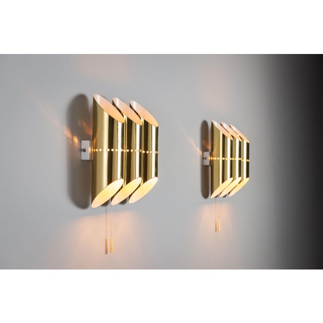 Mid-Century Modern Triple Cylindrical Wall Lamps in Brass with Perforated Shades, 1970s, Set of 2 For Sale - Image 3 of 14