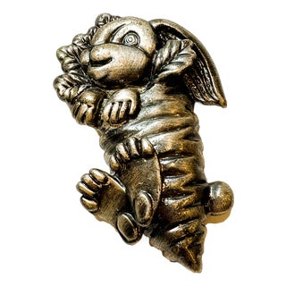 Vintage Pewter Bunny Carrot Spring Easter Brooch Jewelry For Sale