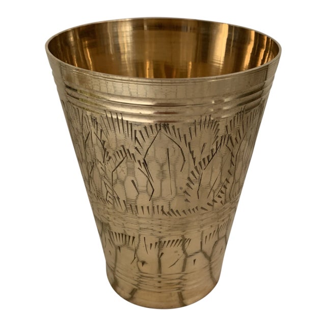 Vintage Indian Etched Brass Metal Lassi Cup Vase For Sale