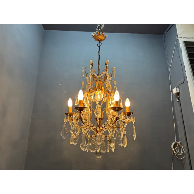 1950s Large Gilded Florentine Tole and Crystal Chandelier, 1950s For Sale - Image 5 of 12