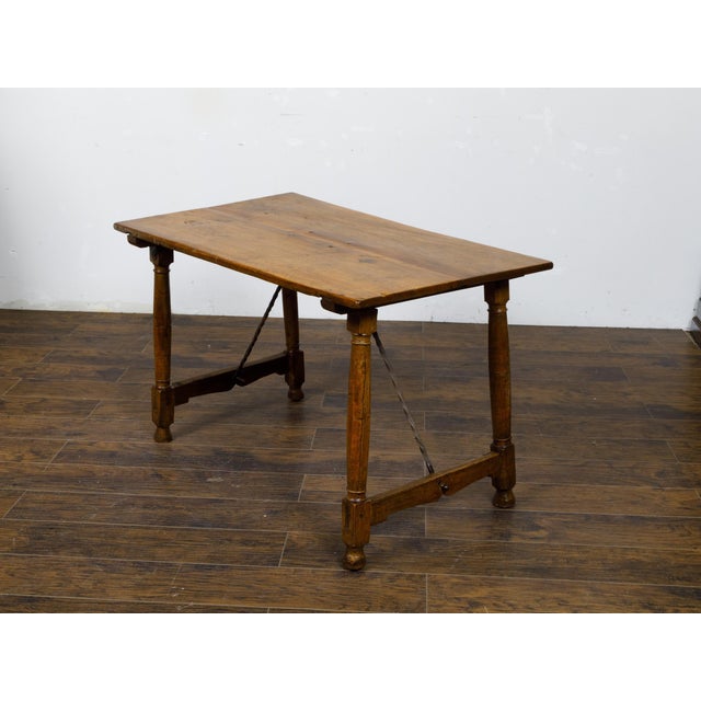 Italian 19th Century Walnut Console Table with Column Legs and Iron Stretchers For Sale - Image 9 of 12