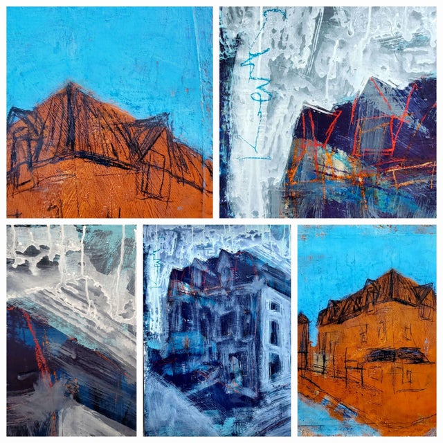 Plastic "Blue Empire" 2022 Architectural Acrylic, Crayon and Graphite Painting, Hugh Keating For Sale - Image 7 of 9