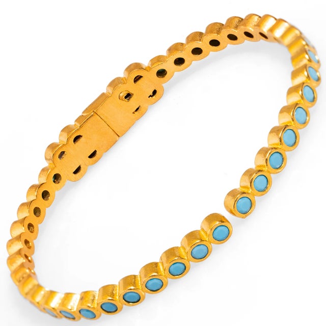 Contemporary Turquoise Gemstone & Gold Dainty Bangle Bracelet For Sale - Image 3 of 8