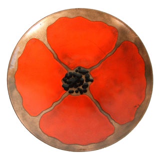 Vintage Mid Century Modern Bovano Enamel on Copper Orange Poppy Flower Dish / Bowl For Sale