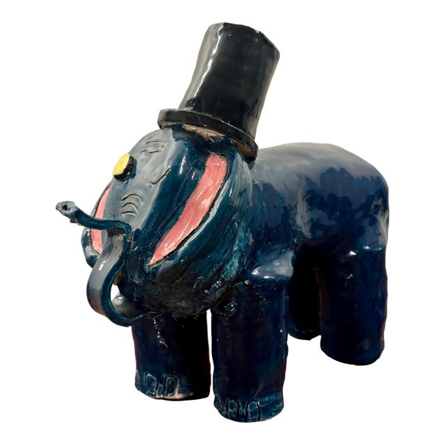 Vintage American Studio Pottery Folk Art Elephant Sculpture, Signed For Sale