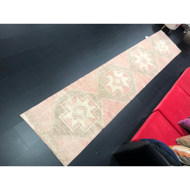 Beige Oushak Natural Faded Runner Rug For Sale - Image 8 of 11