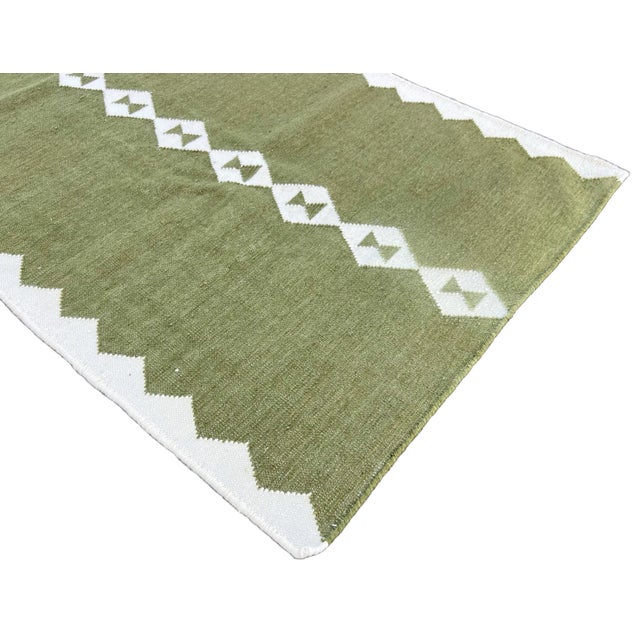 Handmade New Zealand Wool Dhurrie Runner, Olive Green and Cream Geometric Runner Rug- 3'x16' For Sale - Image 6 of 13