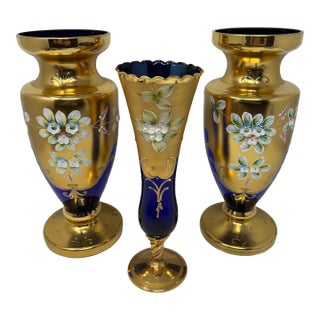 Signed Antique Moser Karlsbad Cobalt & Gilt Enamel Art Glass Garniture Set, 3 Pieces, Circa 1900 For Sale