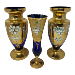 Signed Antique Moser Karlsbad Cobalt & Gilt Enamel Art Glass Garniture Set, 3 Pieces, Circa 1900