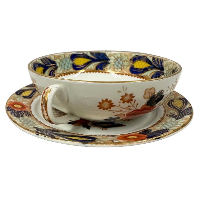 Antique Woods Ware Wincanton Blue and Rust Flat Cream Soup Bowl & Saucer Set For Sale - Image 4 of 11