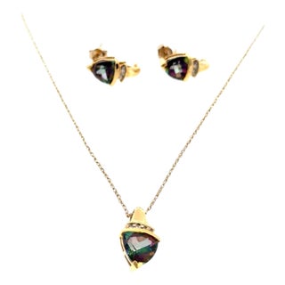 10k Yellow Gold Trilliant Synthetic Alexandrite & Diamond Pendant and Earring Set, 3 Pieces For Sale