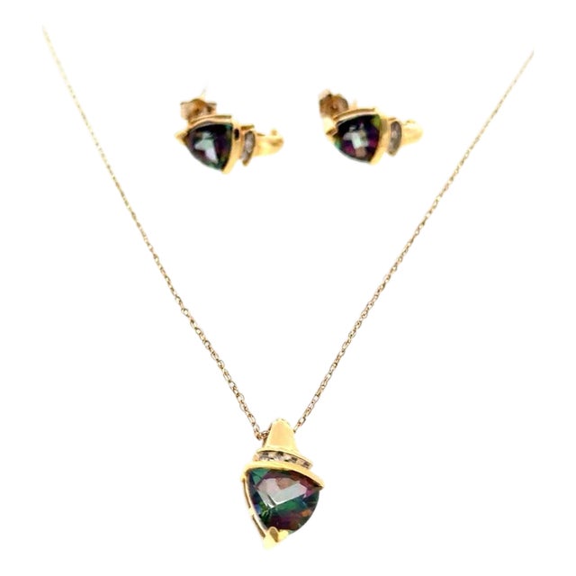 10k Yellow Gold Trilliant Synthetic Alexandrite & Diamond Pendant and Earring Set, 3 Pieces For Sale