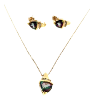 10k Yellow Gold Trilliant Synthetic Alexandrite & Diamond Pendant and Earring Set, 3 Pieces