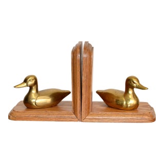 1980s Mid-Century Modern Brass Mallard Duck on Oak Bookends Pair For Sale