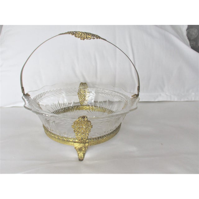 Gold Antique 1900s Gold Ornate Metal Frame and Crystal Bowl Star Bust Pattern Brides Basket For Sale - Image 8 of 9