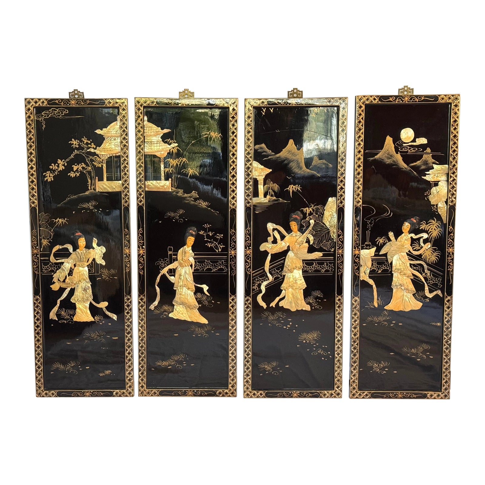 Vintage Asian Motif Mother of Pearl Art Polyptych - a Series of Four ...