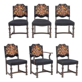 Floral Needlepoint Upholstered Dining Chairs, 6 For Sale