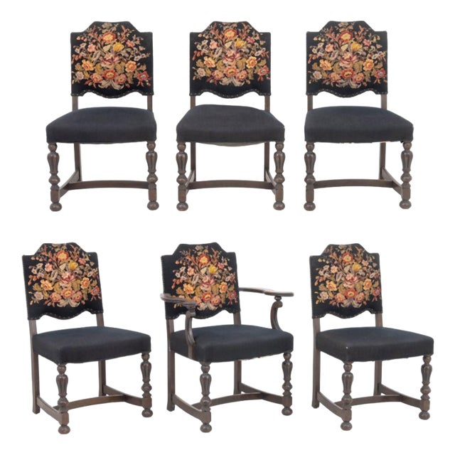 Floral Needlepoint Upholstered Dining Chairs, 6 For Sale