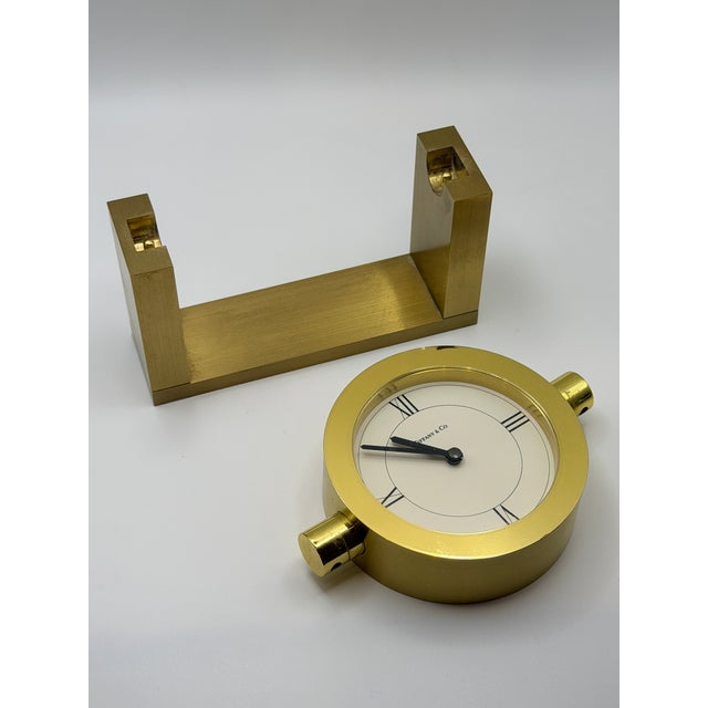 Mid-Century Modern 1980s Tiffany & Co. Polished Brass Desk Clock — Roman Numeral Dial, Modernist Design For Sale - Image 3 of 5