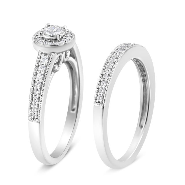 Contemporary .925 Sterling Silver 1/2 Ctw Diamond Halo and Milgrain Engagement Ring Bridal Set (I-J Color, I3 Clarity) - Ring - Size 7 For Sale - Image 3 of 5