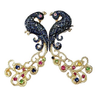 Bochic "Orient" Vintage Sapphire & Multi Gem Peacock Earrings 18K Gold & Silver For Sale