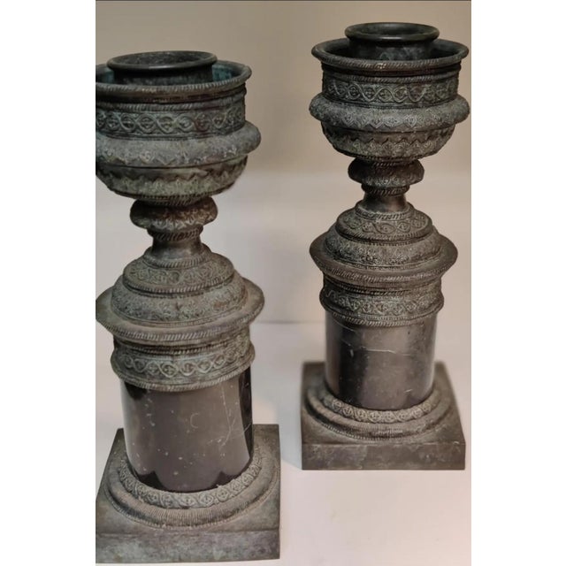 For your consideration. . . A rare pair of ornate patinated heavy cast bronze metal and marble hurricane candle holders...