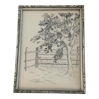 1940s Original Ink Drawing of Tree and Fence in Silverleaf Frame For Sale