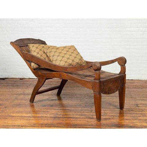 Antique Indonesian Reclining Plantation Chair with Bamboo Slats and Carved Decor For Sale - Image 11 of 11