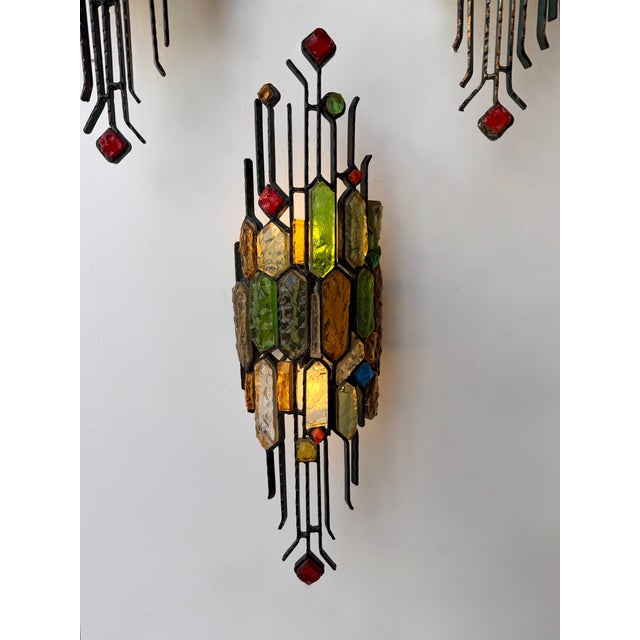 Mid-Century Modern Hammered Glass Wrought Iron Sconces by Longobard, Italy, 1970s, Set of 3 For Sale - Image 3 of 14