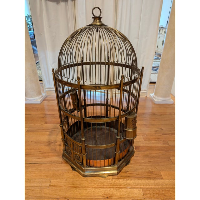 1960s Grand Victorian Style Brass and Copper Birdcage on Custom Made Designer Hexagon Table/ Stand For Sale - Image 12 of 15