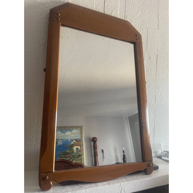 French Provincial "Vintage Mid-Century Ranch Oak Tilt Mirror by A. Brandt - Solid Wood With Brass Hardware" For Sale - Image 3 of 6