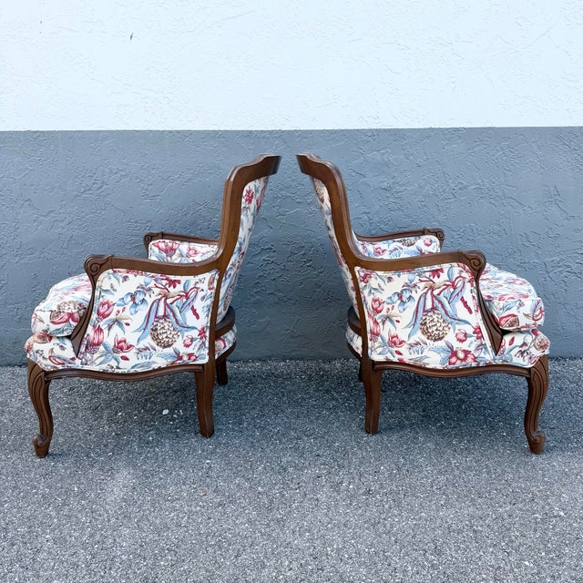 French Provincial Vintage French Provincial Floral Upholstery Lounge Chairs - Pair For Sale - Image 3 of 10