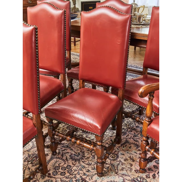 Vintage Louis XIII Style Chairs in Oak and Red Leather, Set of 8 For Sale - Image 4 of 11