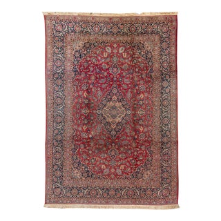 Vintage Persian Kashan Handmade Red Floral Wool Rug For Sale