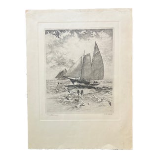 Etching by Rh Palenske “America Wins!” First “America’s Cup Race” 1851 For Sale
