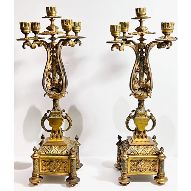 Gold Pair of 19th Century French Gilt Bronze Champlevé Candelabras For Sale - Image 8 of 12