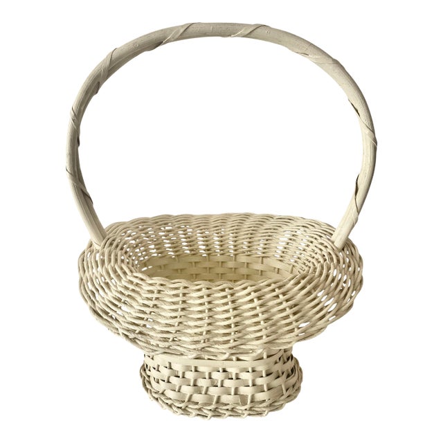 Hand Woven Vintage Uniquely Shaped Basket With Wood Bottom and Handle. For Sale