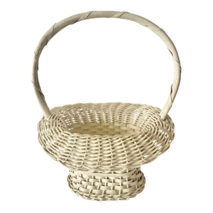 Hand Woven Vintage Uniquely Shaped Basket With Wood Bottom and Handle.