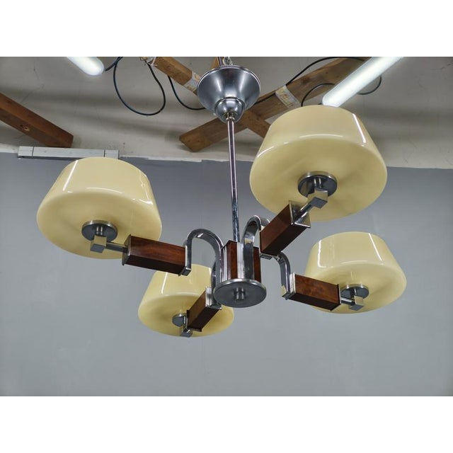 Art Deco Chandelier in Chrome, Wood and Glass, Czechoslovakia, 1930s For Sale - Image 4 of 14