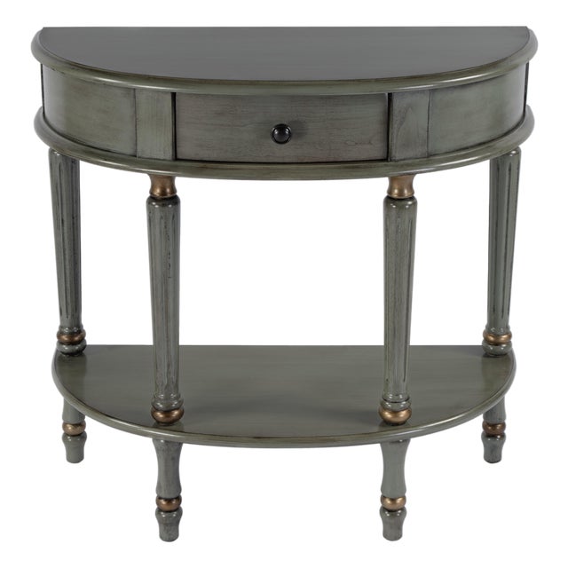 Mozart 31.5 in. W Demilune Wood Hand Painted 1 Drawer Console Table with Lower Open Shelf, Royal Pastel Green For Sale