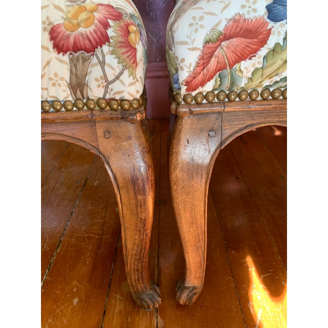 Wood Antique Designer Fabric Upholstered Side Chairs - a Pair For Sale - Image 7 of 12
