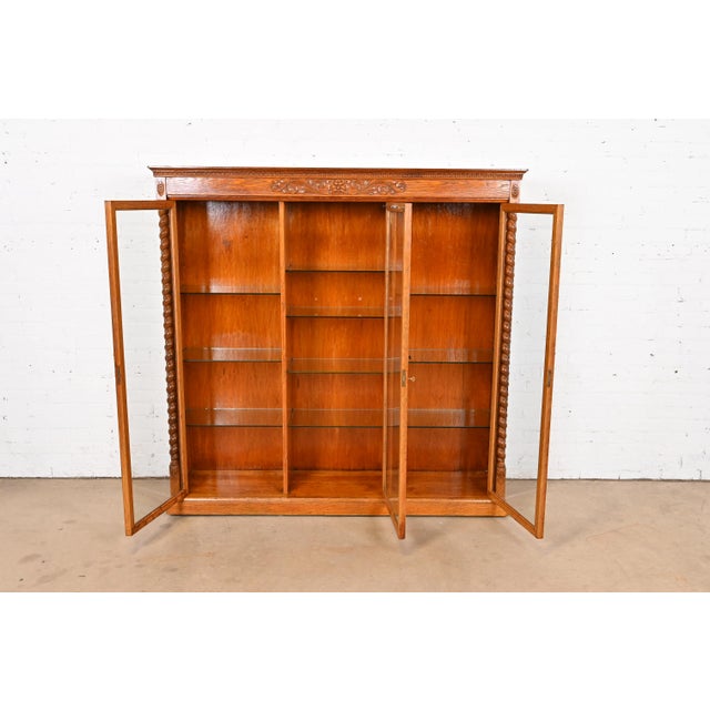 Late 19th Century R. J. Horner Style Antique Victorian Carved Oak Lighted Triple Bookcase or Display Cabinet, Circa 1890s For Sale - Image 5 of 12